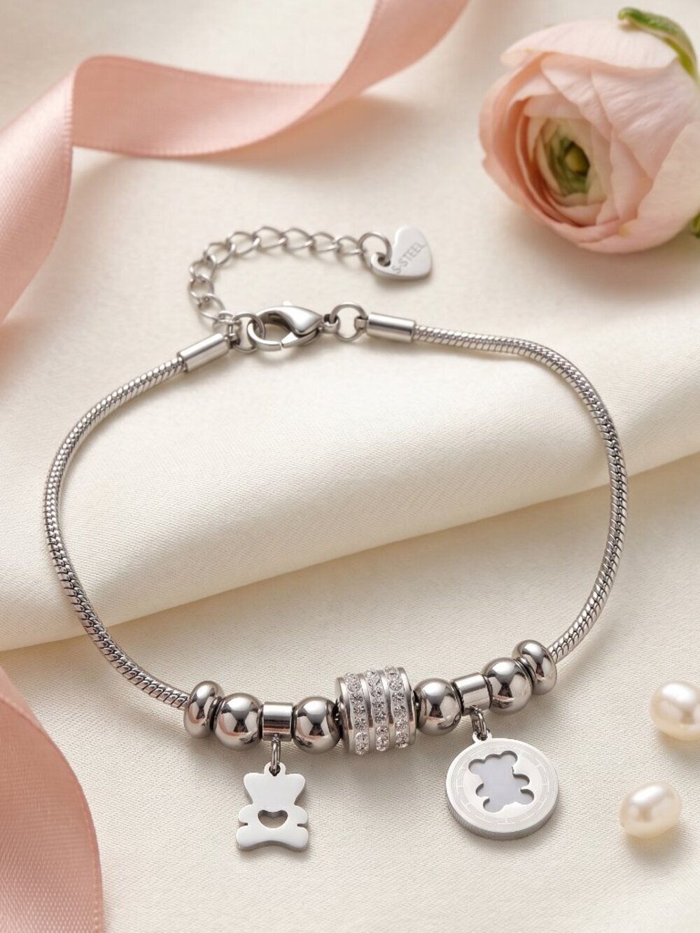 18K White Gold Plated Bear Charm Bracelet Rhinestone Beads Coquette Y2K 8.5"